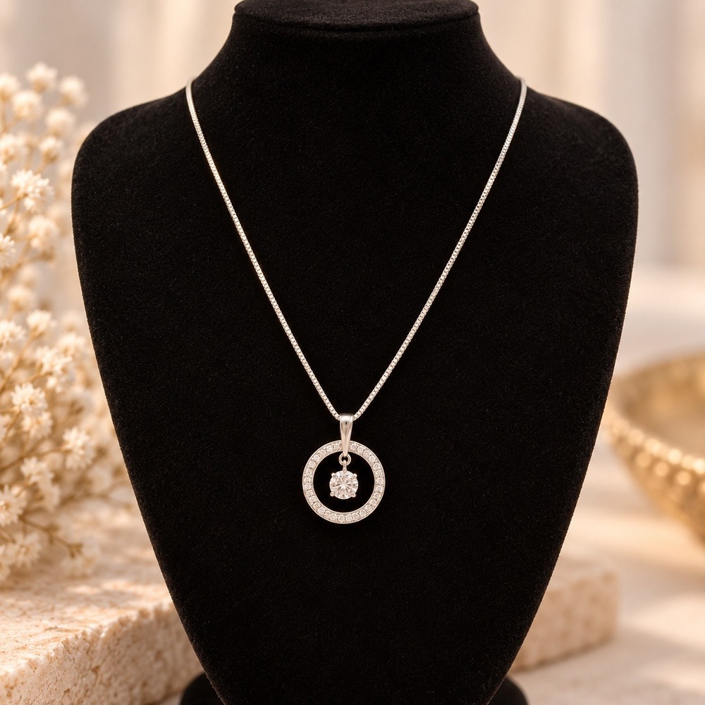 RJ Sterling Silver 925 Circle Floating Cubic Zirconia Pendant Box Chain Necklace